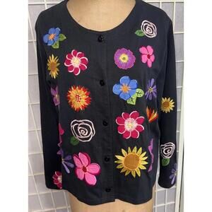 Michael Simon Lite Black Floral Embroidery Cotton Long Sleeve Cardigan Size 1X